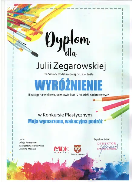 dyplom dla Julii Zegarowskiej