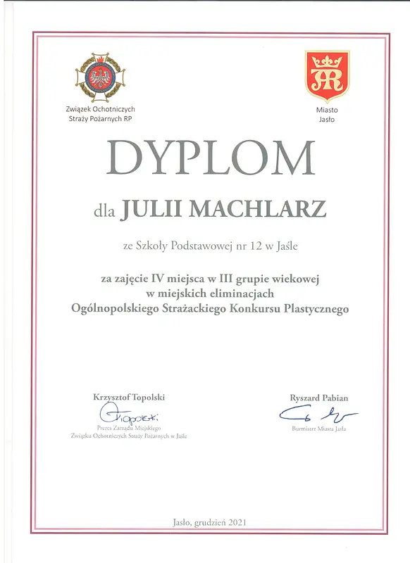 Ogólnopolski Strażacki Konkurs Plastyczny - Dyplom dla Julii Machlarz