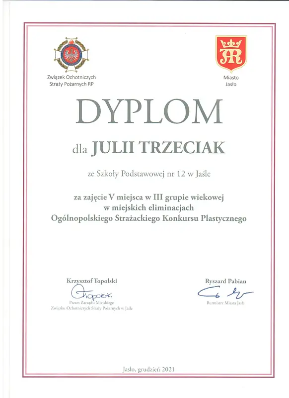 Ogólnopolski Strażacki Konkurs Plastyczny - Dyplom dla Julii Trzeciak