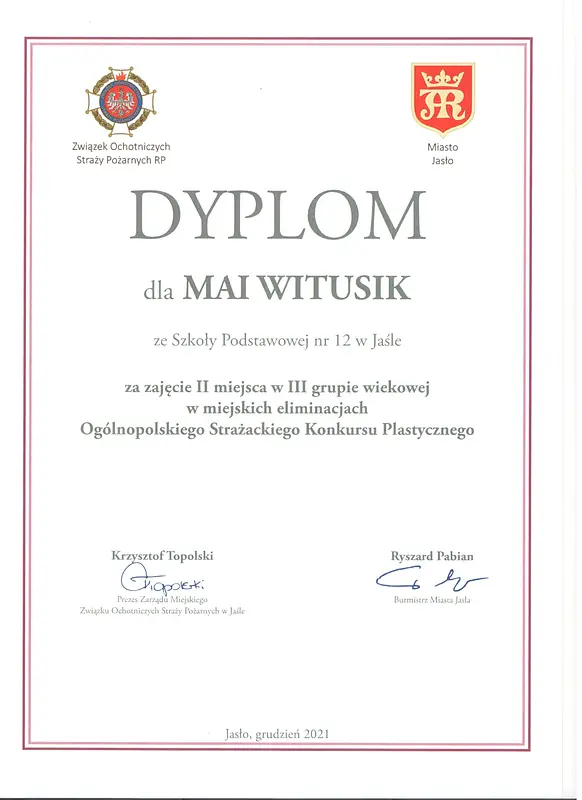 Ogólnopolski Strażacki Konkurs Plastyczny - Dyplom dla Mai Witusik