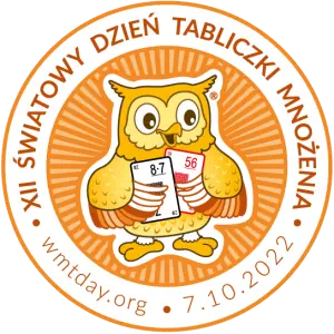 XII Światowy Dzień Tabliczki Mnożenia, 7.10.2022, po środku logo sowa z kartami do mnożenia na pomarańczowym tle