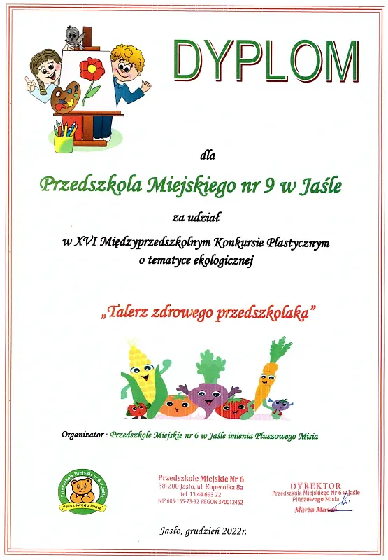 Dyplom dla Przedszkola za udział w XVI Międzyprzedszkolnym Konkursie Plastycznym o tematyce ekologicznej - Talerz zdrowego przedszkolaka