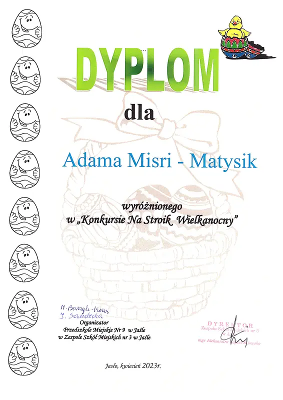 Dyplom dla Adama Misri-Matysika wyróżnionego w Konkursie na najpiekniejszy stroik wielkanocny