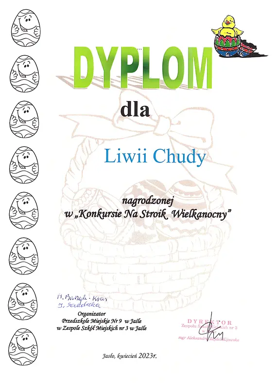 Dyplom dla Liwii Chudy nagrodzonej w Konkursie na najpiekniejszy stroik wielkanocny