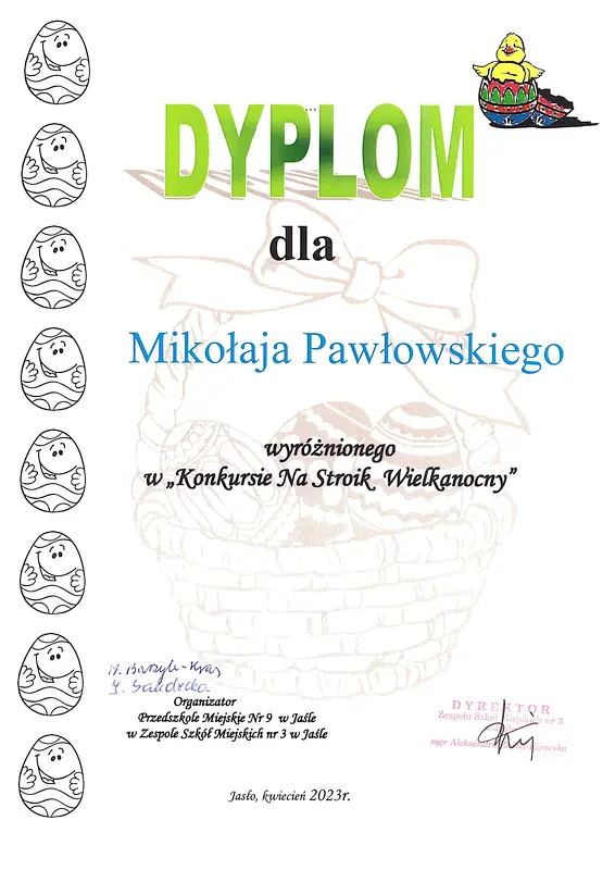 Dyplom dla Mikołaja Pawłowskiego wyróżnionego w Konkursie na najpiekniejszy stroik wielkanocny