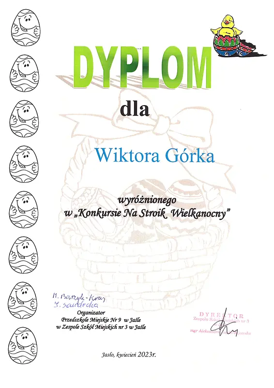 Dyplom dla Wiktora Górki wyróżnionego w Konkursie na najpiekniejszy stroik wielkanocny