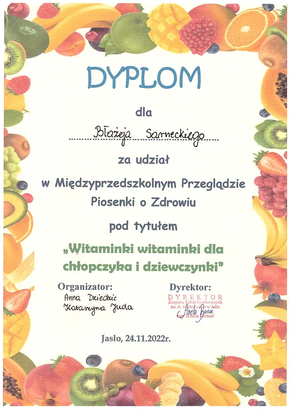 Dyplom dla Błażeja Sarneckiego za udział w Międzyprzedszkolnym Przeglądzie Piosenki o Zdrowiu