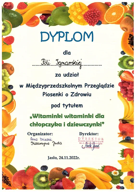 Dyplom dla Poli Ignarskiej za udział w Międzyprzedszkolnym Przeglądzie Piosenki o Zdrowiu (2)