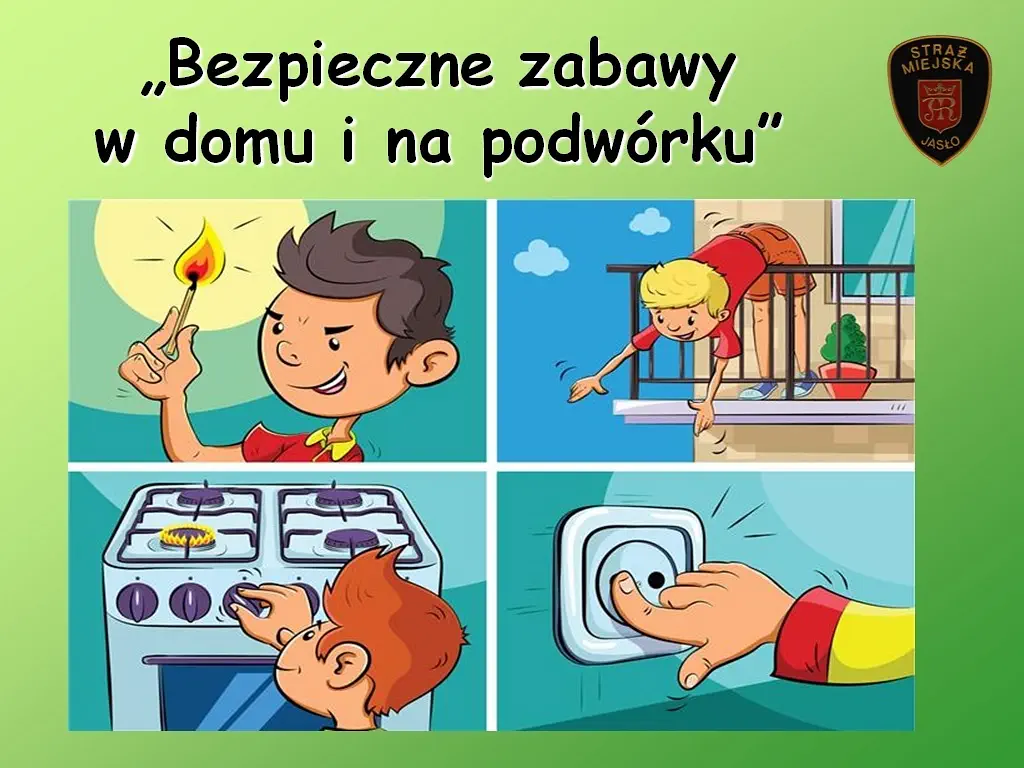 rysunek - u góry obrazka chłopczyk z palącą się zapałką i dziecko wychylające się przez barierki balkonu, u dołu chłopczyk włączający kuchenkę i ręka dziecka przy gniazdku elektrycznym