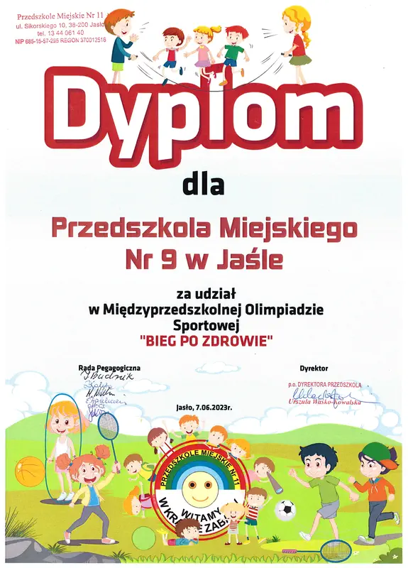 Dyplom dla PM nr 9 w Jaśle za udział w Międzyprzedszkolnej Olimpiadzie Sportowej - BIEG PO ZDROWIE
