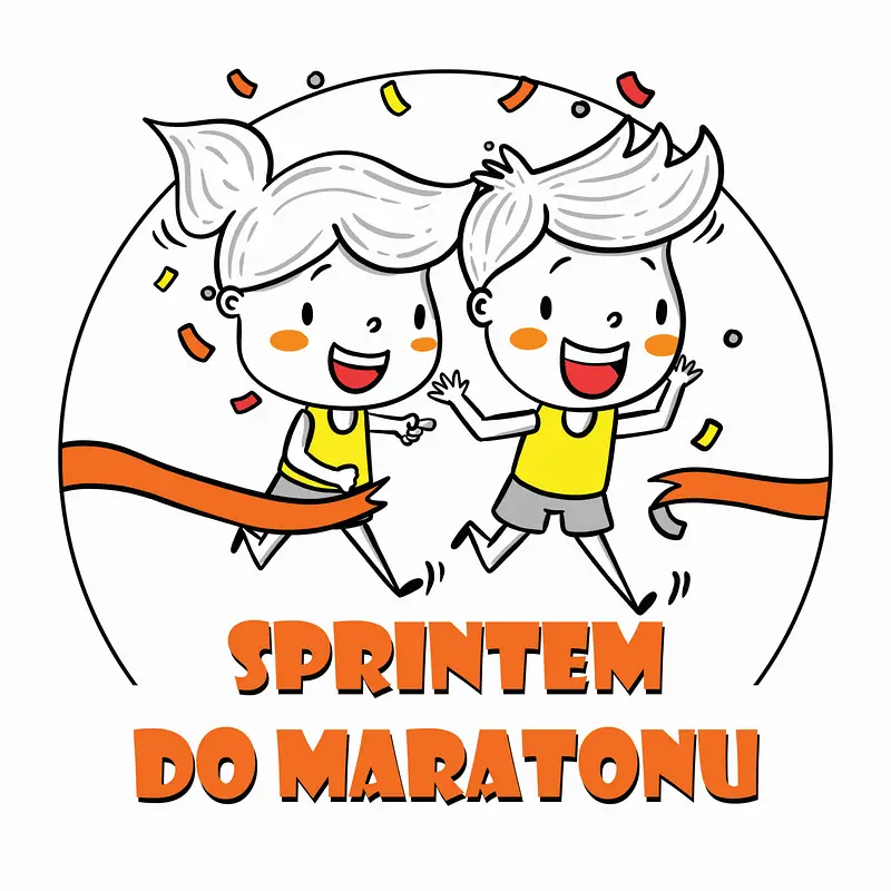 postać chłopczyka i dziewczynki biegnących w strojach sportowych, w dolnej części pomarańczowy napis – SPRINTEM DO MARATONU