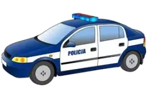 rysunek: radiowóz - samochód w kolorze niebiesko-białym z napisem z boku POLICJA. Na dachu samochodu czerwony sygnalizator świetlny