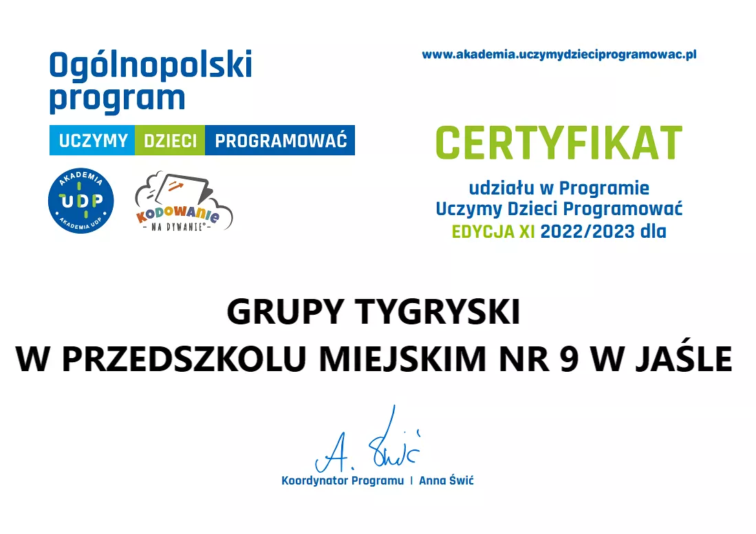 Certyfikat udziału w Programie Uczymy Dzieci Programować EDYCJA XI dla grupy Tygryski