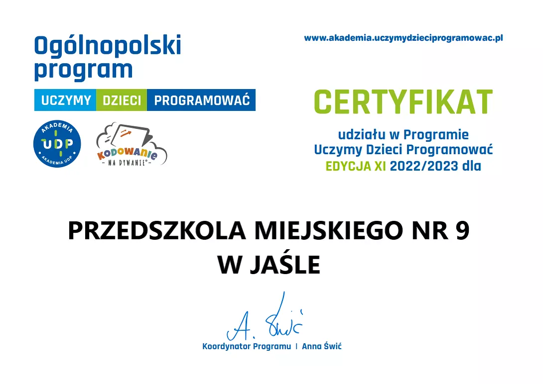 Certyfikat udziału w Programie Uczymy Dzieci Programować EDYCJA XI dla Przedszkola