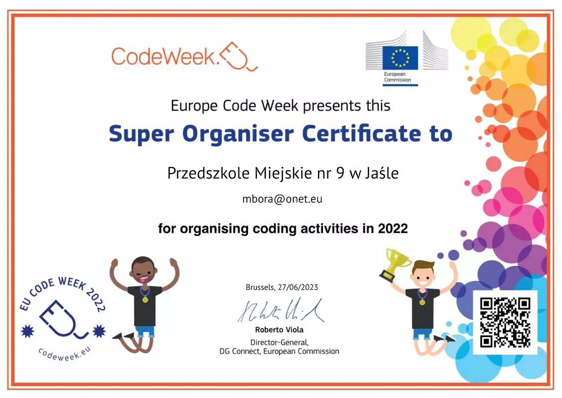 Certyfikat Super Organizatora Europe Code Week dla Przedszkola