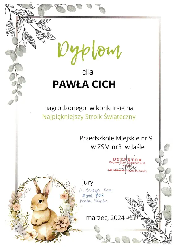 Dyplom Pawła, z grupy Zajączki, nagrodzonego w konkursie na Najpiękniejszy Stroik Świąteczny