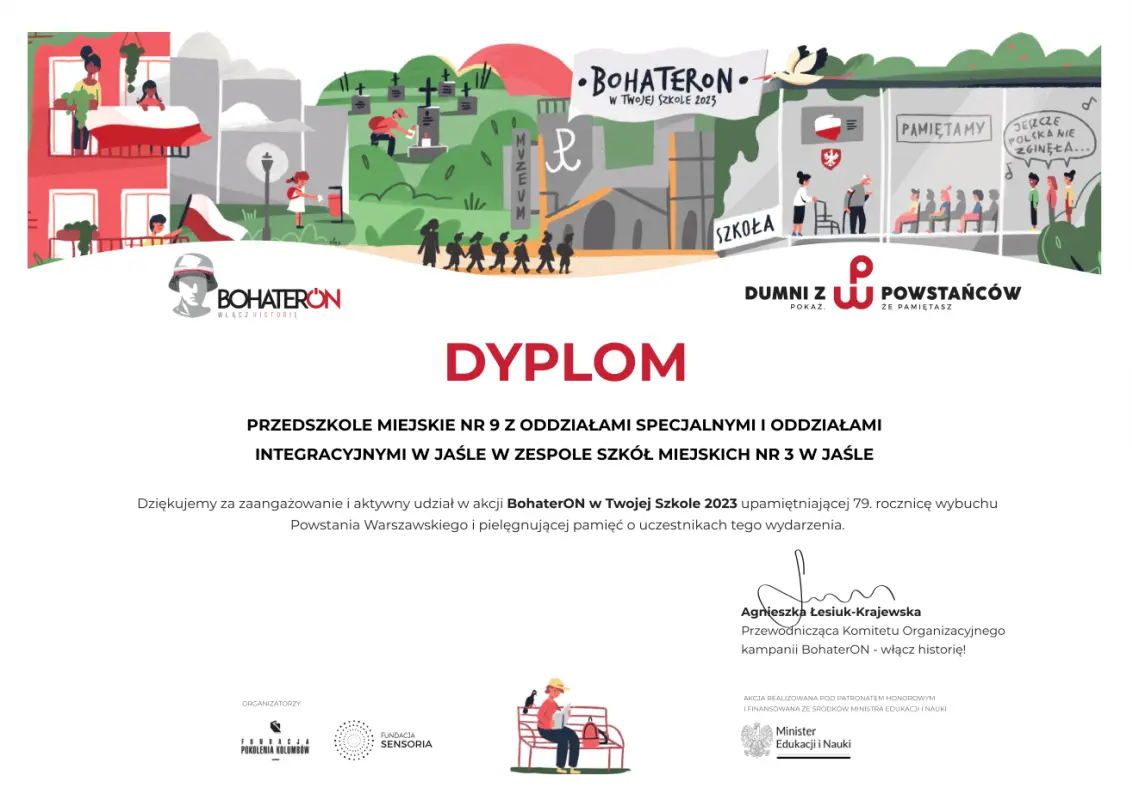 Napis DYPLOM dla PM 9 w Jaśle i podziękowanie za zaangażowanie i udział w akcji BohaterON a nad nim grafika przedstawiająca rozmaite działania patriotyczne.