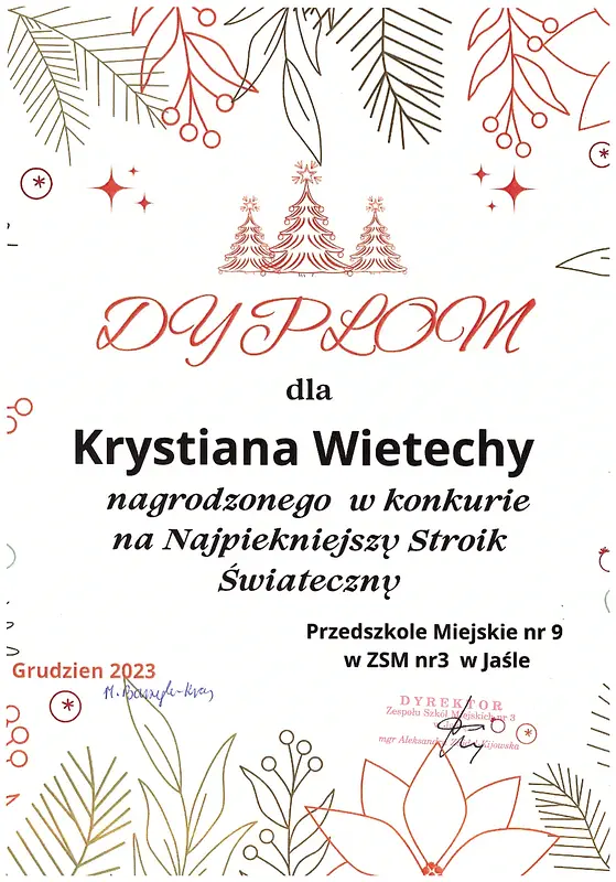 Dyplom Krystiana, z grupy Zajączki, nagrodzonego w konkursie na Najpiękniejszy Stroik Świąteczny