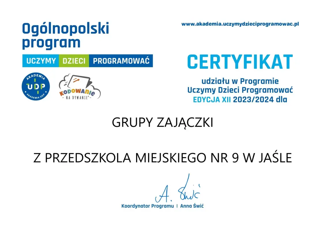Certyfikat, dla grupy Zajączki, ukończonej XII edycji Porgramu UDP