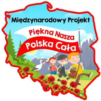 grafika projektu: Trójka  dzieci maszerujących z flagą z napisem - Piękna nasza Polska cała, na tle  konturu Polski