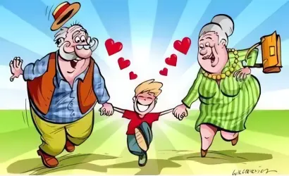 Babcia i Dziadek prowadzą wnuczka za ręce, między nimi serduszka