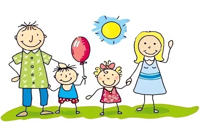 rysunek: dwoje dzieci z rodzicami idący na piknik