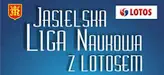 na niebieskim tle herb Jasła, logo firmy LOTOS i napis: Jasielska Liga Naukowa z LOTOSEM