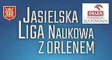 na niebieskim tle herb Jasła, logo Fundacji Orlen dla Pomorza i napis: JASIELSKA LIGA NAUKOWA Z ORLENEM